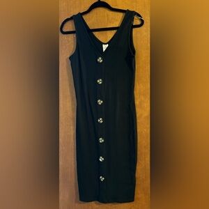 Black Bodycon Tank Dress Button Accent, L(11-13)
